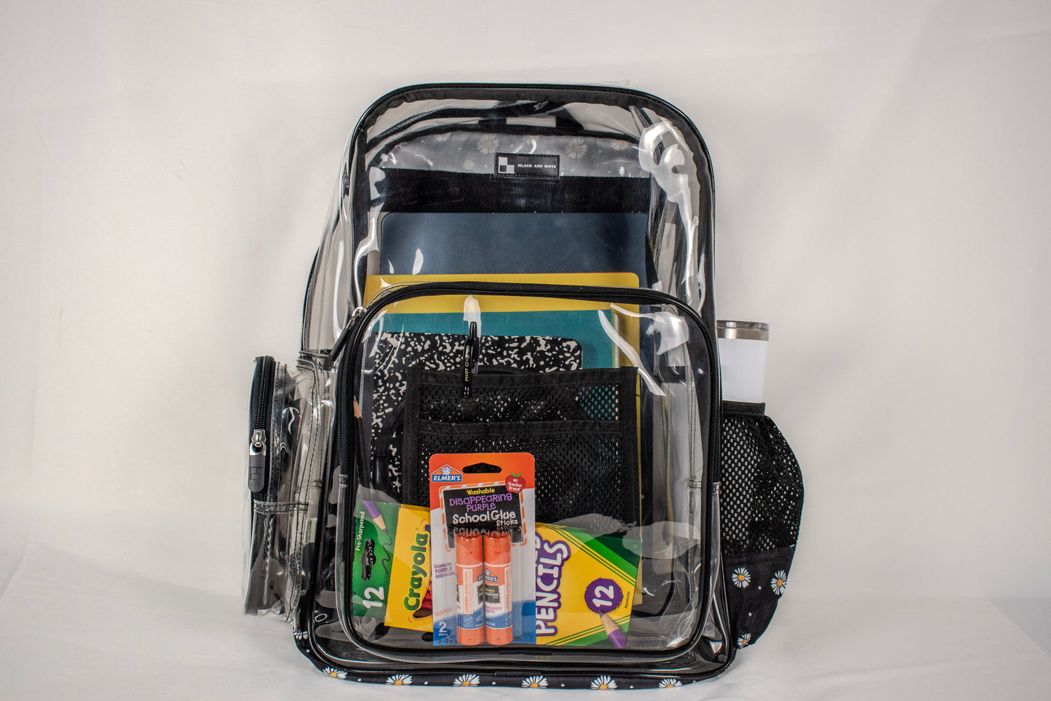 Heavy Duty Clear Backpack With Mesh Organizer (Midnight Daisy, Large)