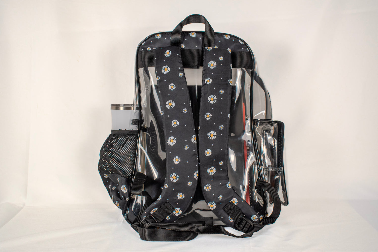 Heavy Duty Clear Backpack With Mesh Organizer (Midnight Daisy, Large)
