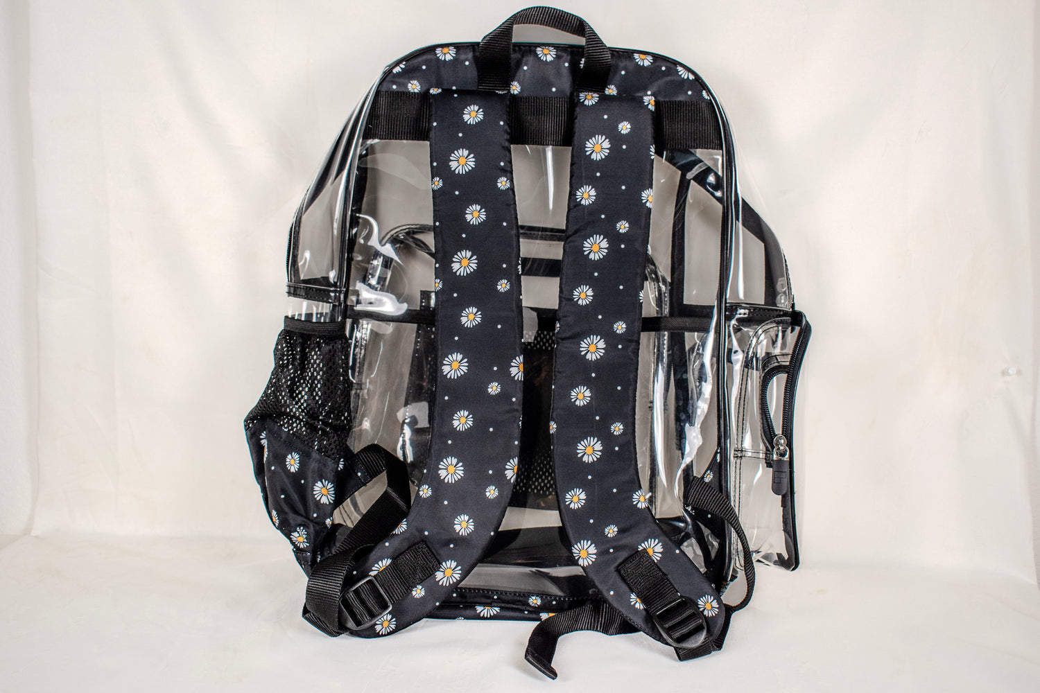 Heavy Duty Clear Backpack With Mesh Organizer (Midnight Daisy, Large)