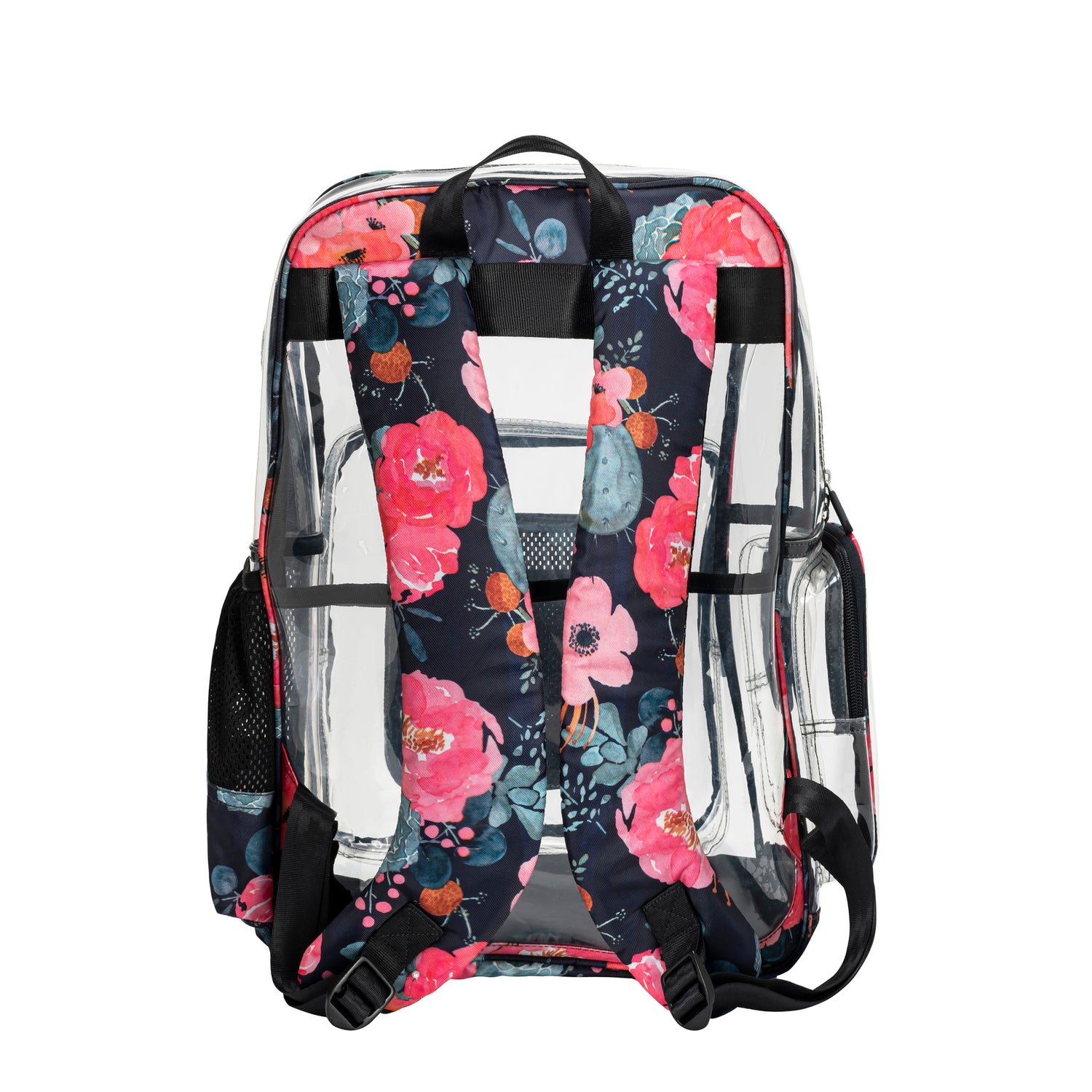 Heavy Duty Clear Backpack With Mesh Organizer (Sapphire Bloom, Large)