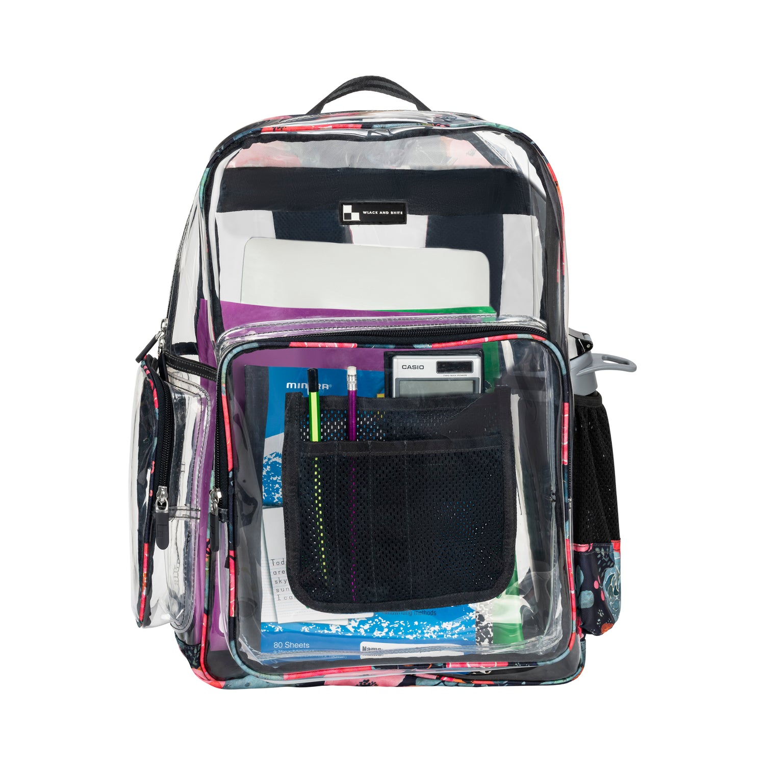 Heavy Duty Clear Backpack With Mesh Organizer (Sapphire Bloom, Large)
