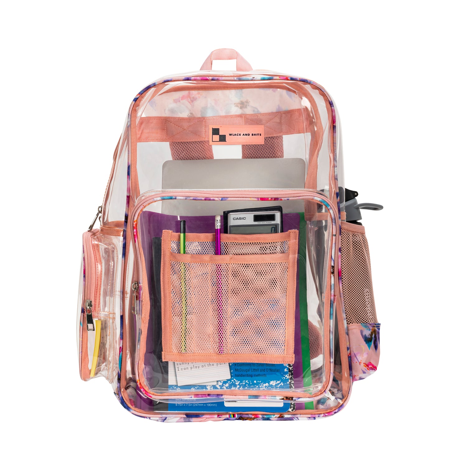 Heavy Duty Clear Backpack With Mesh Organizer (Pastel Petals, Medium)