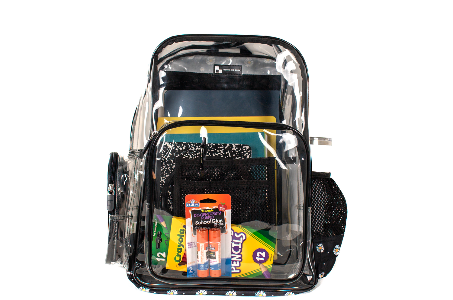Heavy Duty Clear Backpack With Mesh Organizer (Midnight Daisy, Medium)