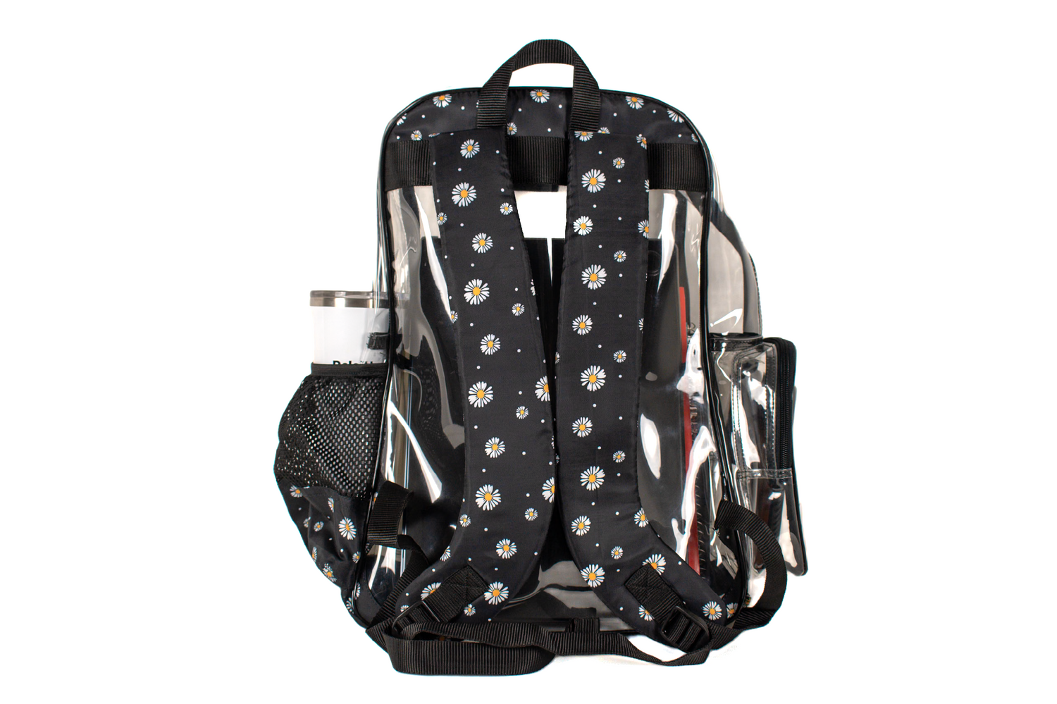 Heavy Duty Clear Backpack With Mesh Organizer (Midnight Daisy, Medium)