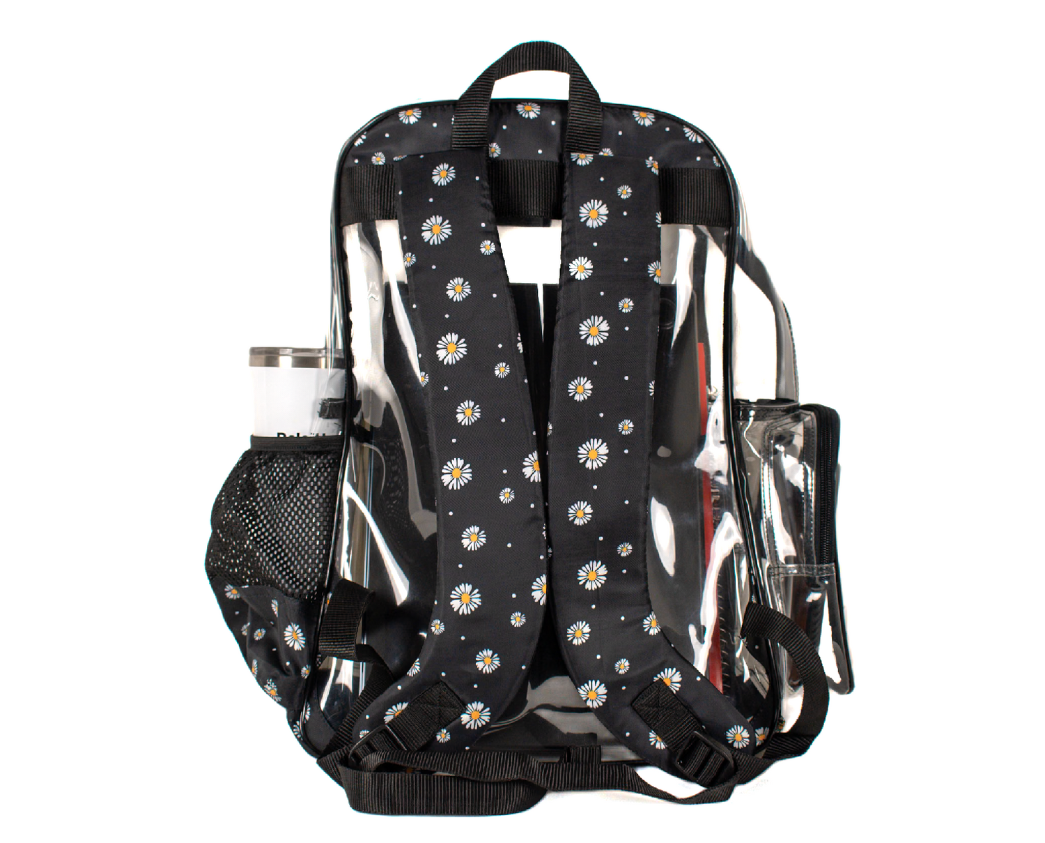 Heavy Duty Clear Backpack With Mesh Organizer (Midnight Daisy, Large)