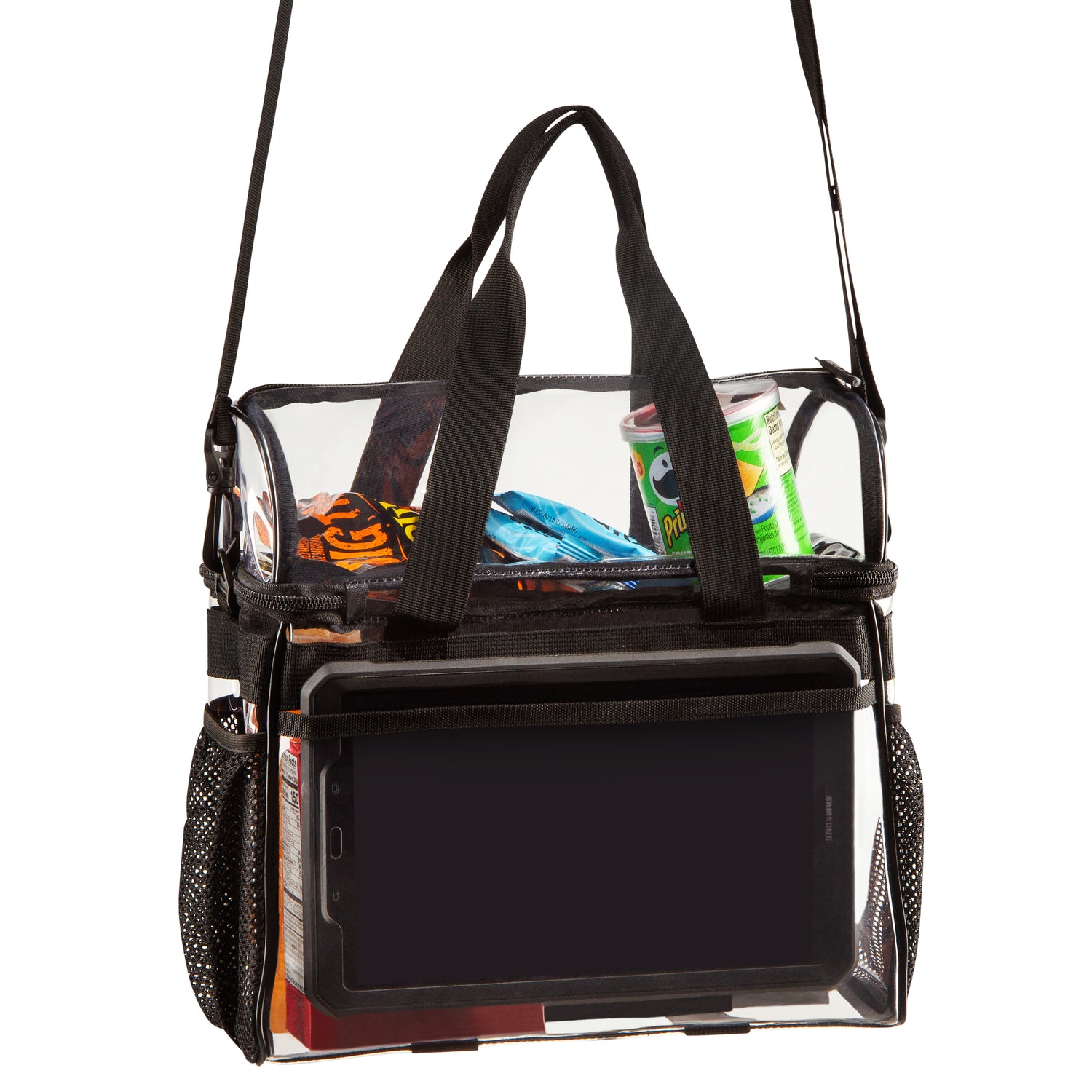 Heavy Duty Clear Stadium Approved Bags, Lunch Tote with Top Pocket (Large)