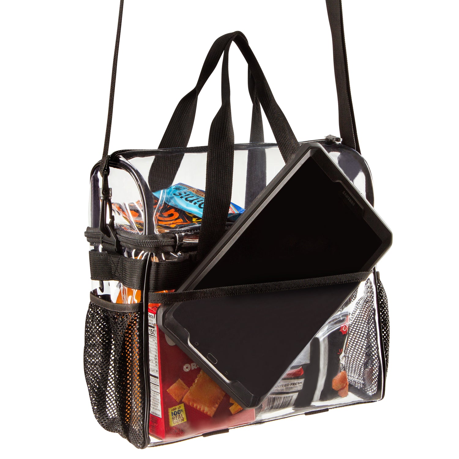 Heavy Duty Clear Stadium Approved Bags, Lunch Tote with Top Pocket (Large)