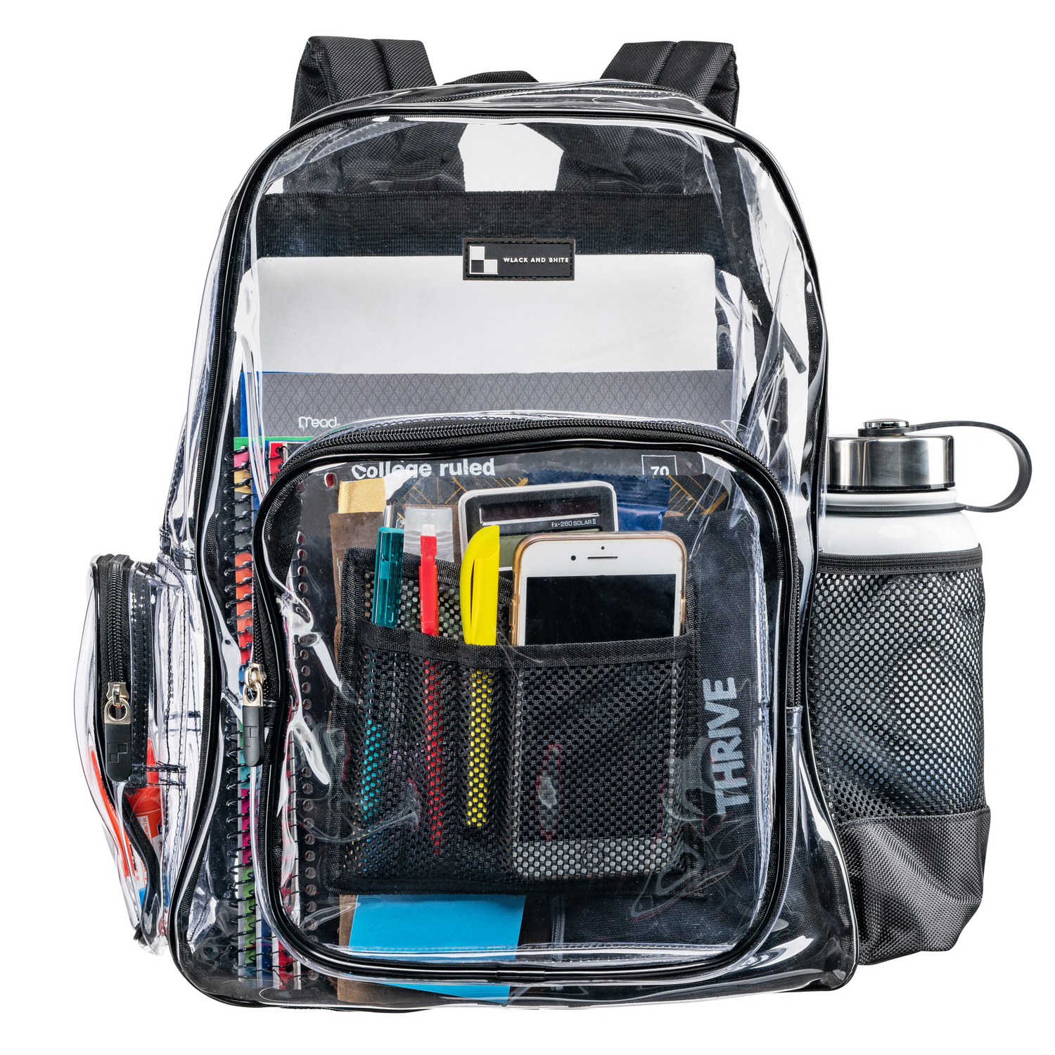 Heavy Duty Clear Backpack With Mesh Organizer Large WlackandBhite